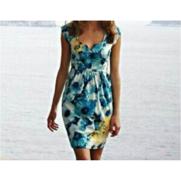 Anthropologie Floret Pencil Mini Dress Beaded Square Split Neck Cap Sleeve Sz 0 - Picture 1 of 15